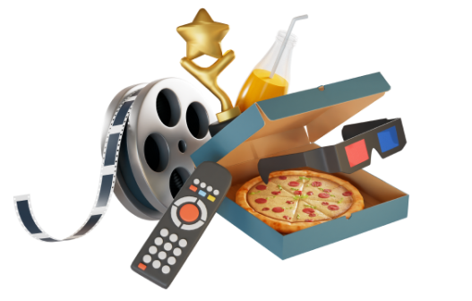 Caixa de pizza com rolo de filme, controle remoto e óculos 3d